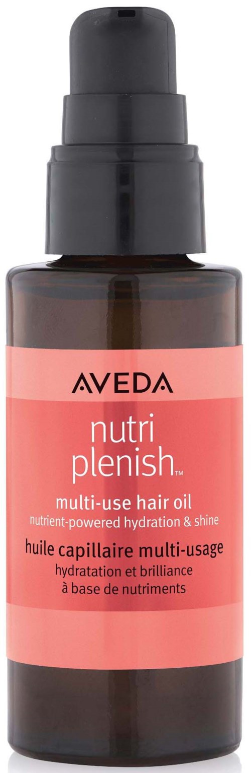 Eine dunkle Flasche mit Pumpverschluss, beschriftet 'Aveda Nutri Plenish' Haaröl für Feuchtigkeit und Glanz.