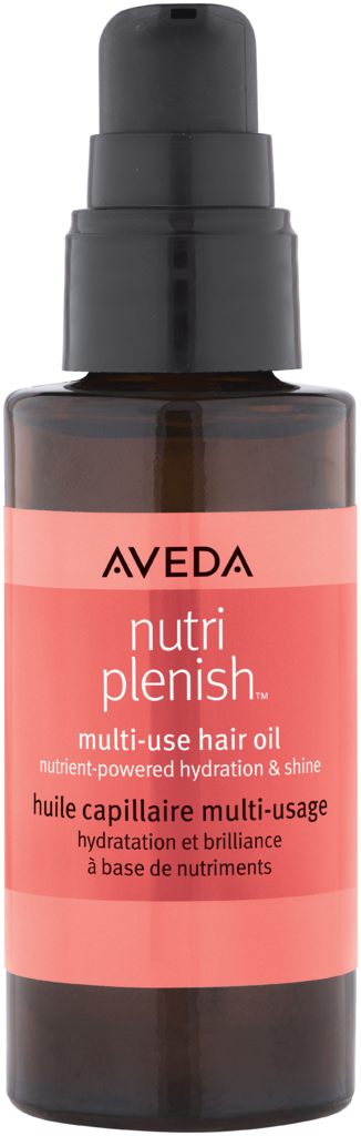 Kleine Flasche Aveda Nutri Plenish Multi-Use Haaröl mit Pumpkopf, rosa Etikett und schwarzem Deckel.