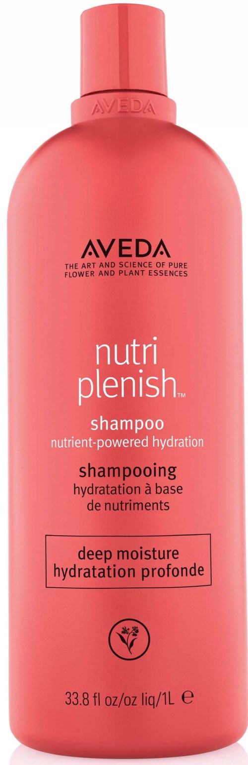 Pink shampoo bottle labeled 'nutri plenish' for deep moisture and hydration. Contains plant extracts, 33.8 fl oz.