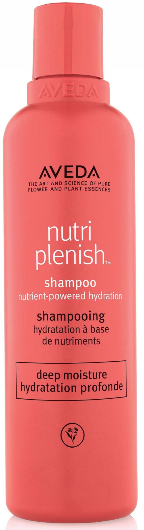 Eine rosa Flasche Aveda Nutri Plenish Shampoo mit Text, die es als Tiefenfeuchtigkeitspflege beschreibt.