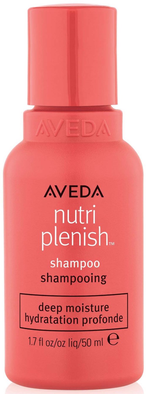 Aveda Nutri Plenish Shampoo-Flasche in Pink, mit schwarzem und weißem Text, und einem pinken Deckel.