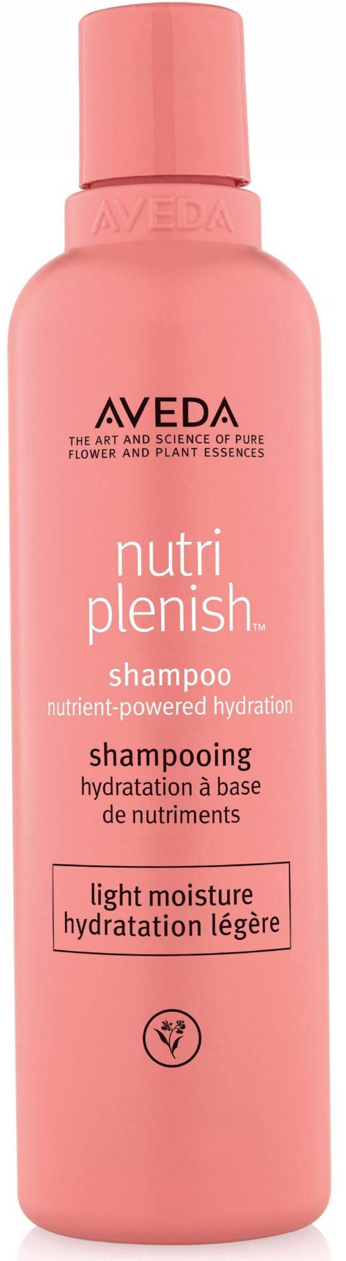 A pink bottle of Aveda Nutri Plenish shampoo for light moisture and hydration.