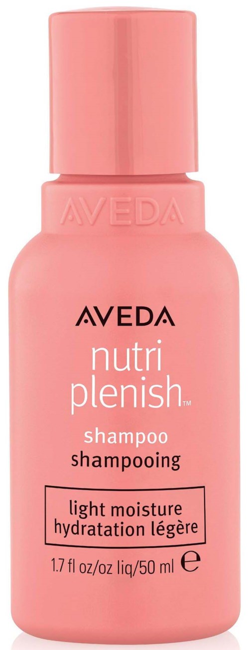 Kleine rosa Shampoo-Flasche mit Aveda Nutri Plenish, die feuchtigkeitsspendende Eigenschaften beschreibt.