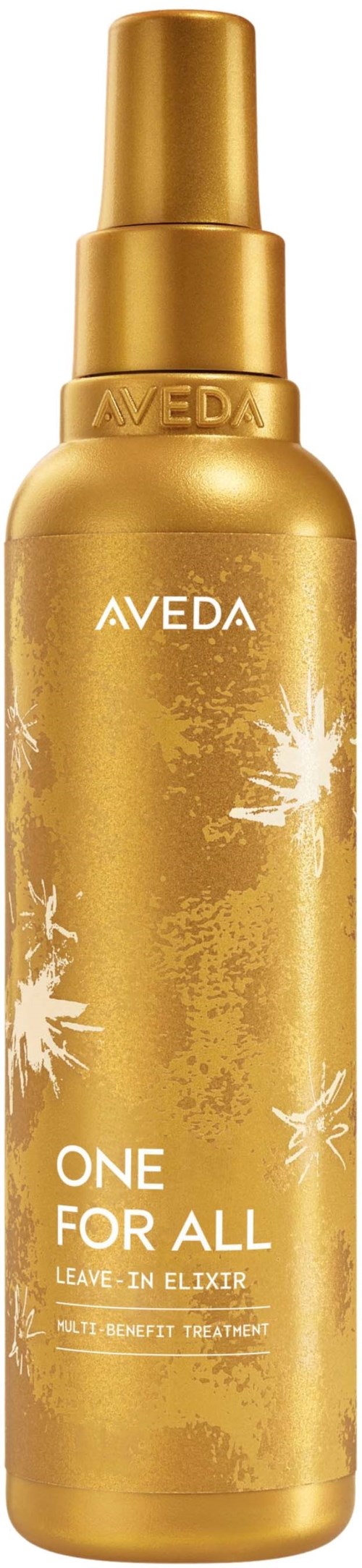 Guldfärgad sprayflaska märkt Aveda One For All Leave-In Elixir för hårvård.