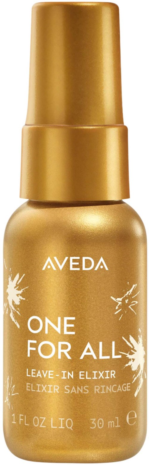 En liten guldfärgad flaska med Aveda One For All leave-in hårbehandling med spraymunstycke.