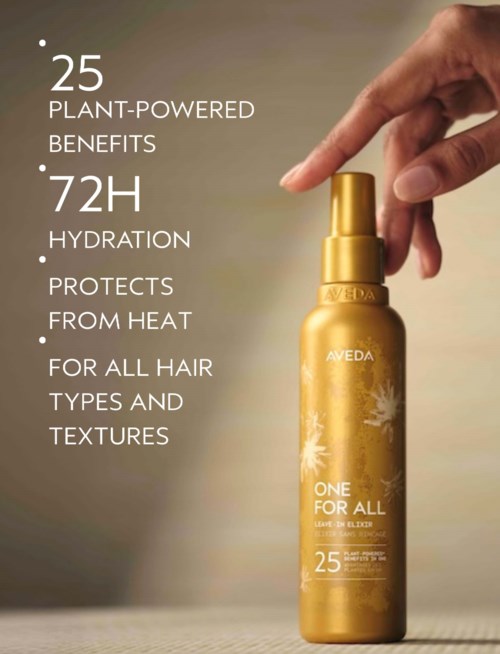 En guldfärgad sprayflaska märkt Aveda One for All som lyfter fram fördelar som växtbaserade ingredienser, 72 timmars fukt, värmeskydd, lämplig för alla hårtyper.