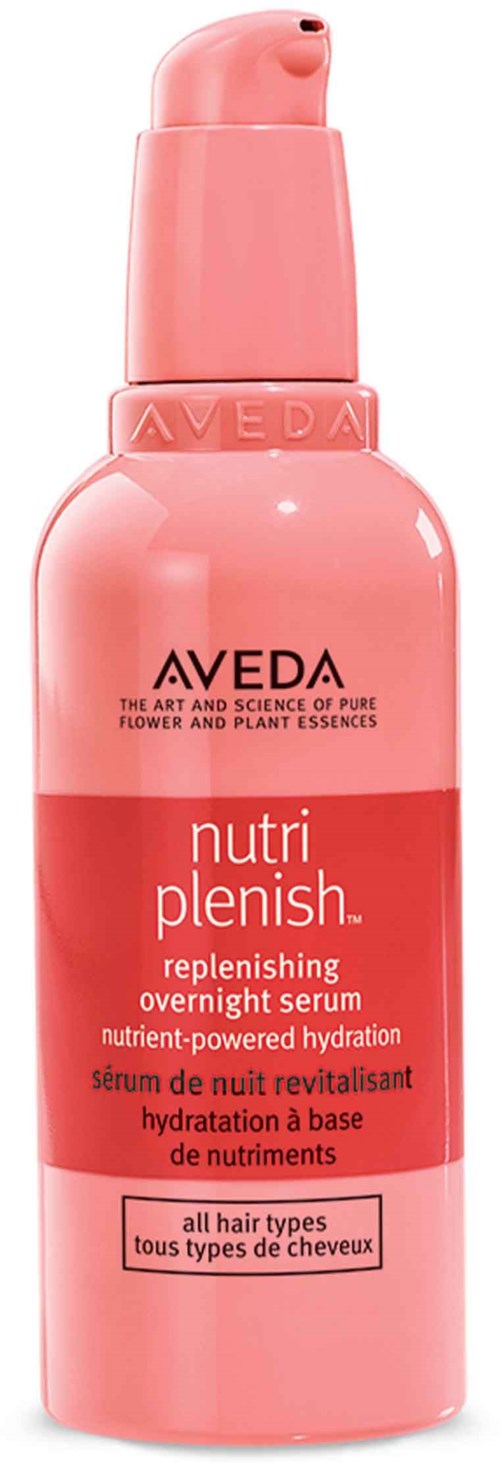 Hellrosa Flasche mit Pumpe, Aveda Nutri Plenish, für alle Haartypen, Nacht Serum, Feuchtigkeitsserum.