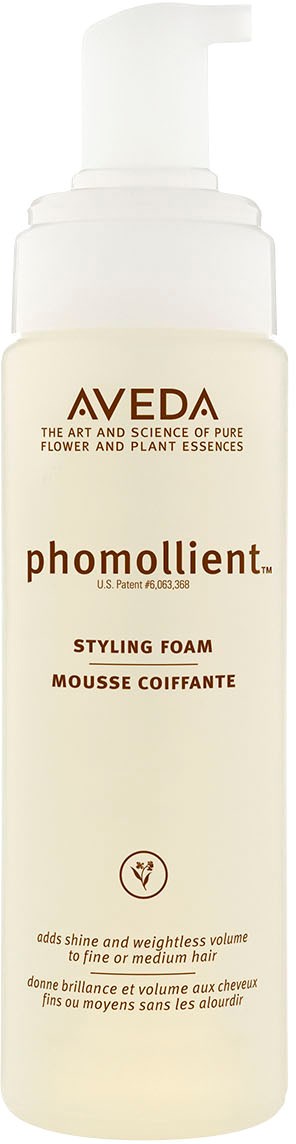Aveda Phomollient Styling-Schaumflasche, weiß mit orange und braunem Text, Pumpe, für Haarvolumen und Glanz.