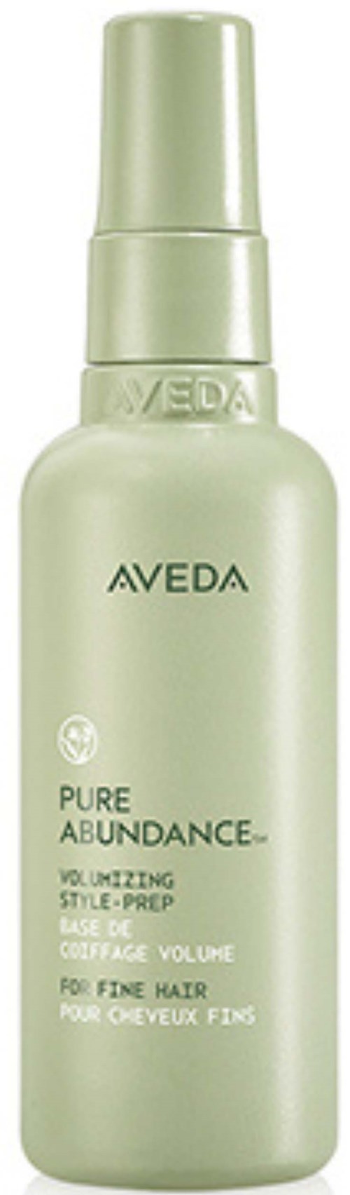 Hellgrüne Sprayflasche mit Aveda Pure Abundance Stylingprodukt für feines Haar.