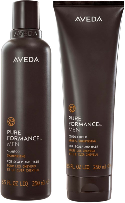 En svart flaske og et svart rør med Aveda Pure-Performance Men hårpleieprodukter, merket for hodebunn og hår.