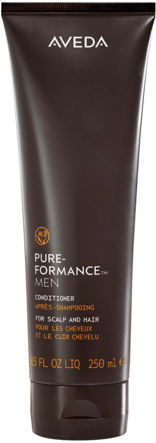 En svart tube med Aveda Pure-Performance Men balsam for hodebunn og hår, med orange og hvit tekst.
