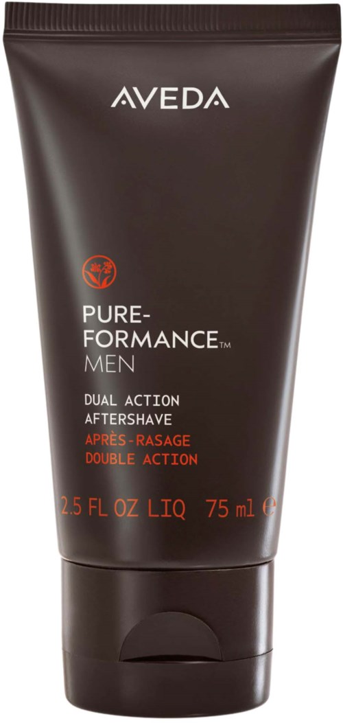 En svart tube Aveda Pure-Performance Men etterbarberingsvann, med hvit og rød tekst, stående oppreist.