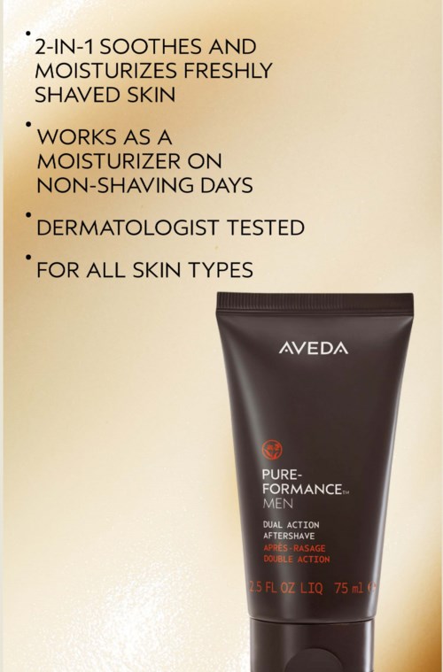 Tekst på et produktbilde om en herre Aftershave, som fremhever dets beroligende, fuktighetsgivende og dermatologisk testede egenskaper for alle hudtyper.