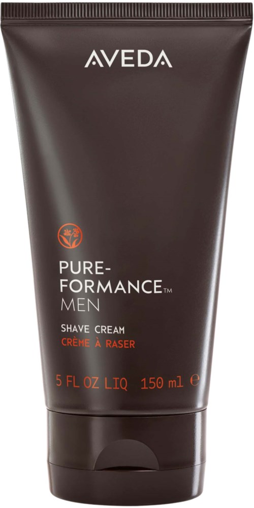 En svart tube med Aveda Pure-Performance Men barberkrem med hvit og oransje tekst.