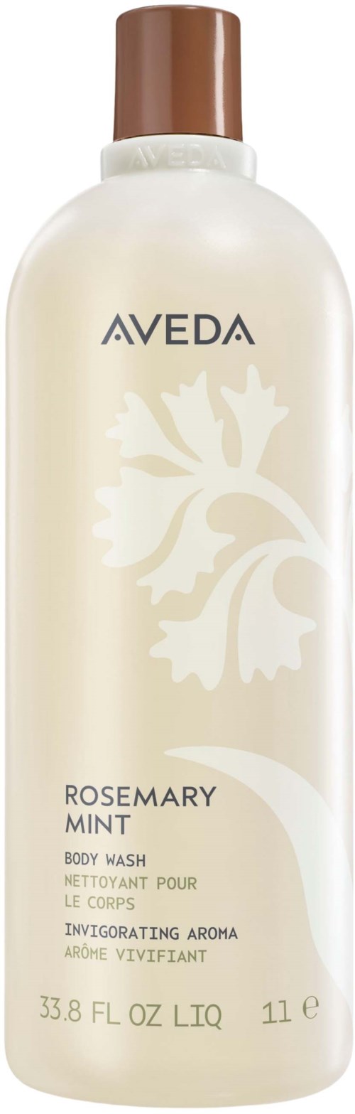 En hvit flaske med Aveda Rosemary Mint kroppsvask med brun kork, etikett med oppkvikkende aroma.
