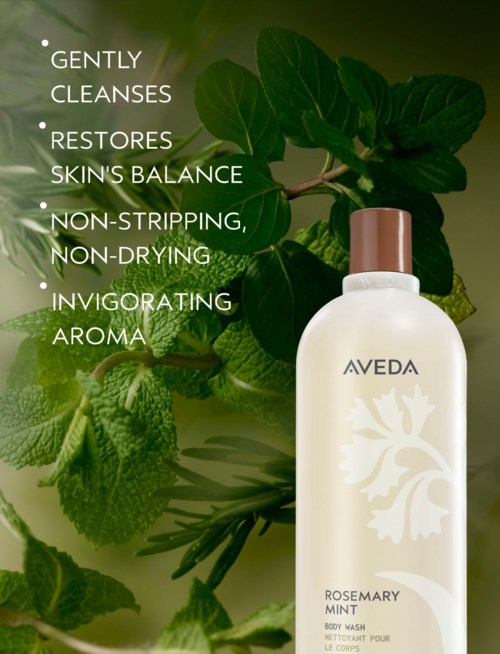 En hvit flaske med Aveda Rosemary Mint kroppsvask blant grønne myntenflater, med produktfordeler listet opp til venstre.