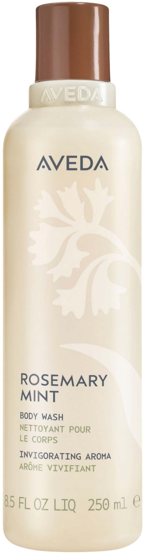 En flaske med Aveda Rosemary Mint kroppsvask med brun kork og hvit etikett som viser produktnavnet.