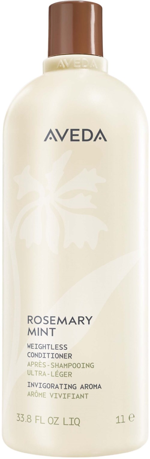 Eine weiße Flasche mit brauner Kappe, beschriftet Aveda Rosemary Mint Conditioner.