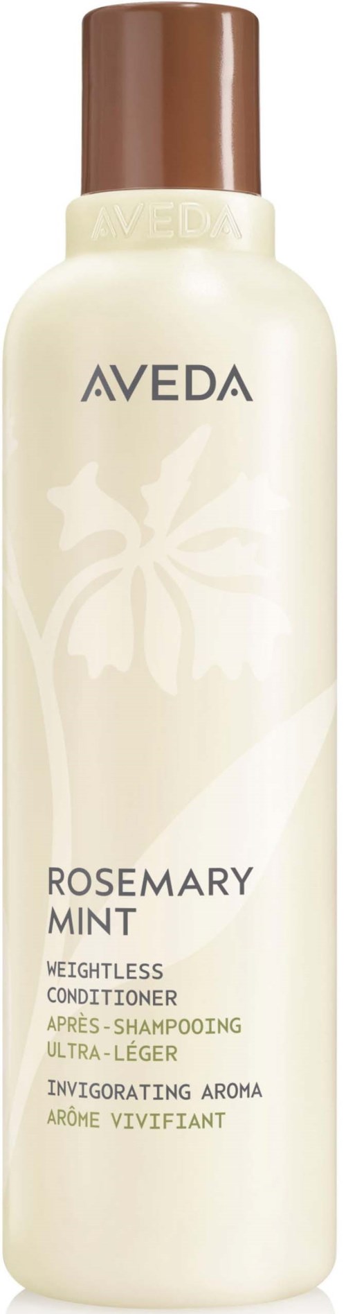 Eine Flasche Aveda Rosemary Mint Conditioner mit braunem Deckel und weißem Etikett.