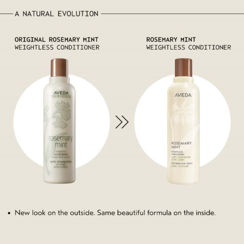 Zwei Flaschen mit Rosmarin-Minze-Conditioner werden verglichen, mit neuem Äußeren und gleicher Formel.