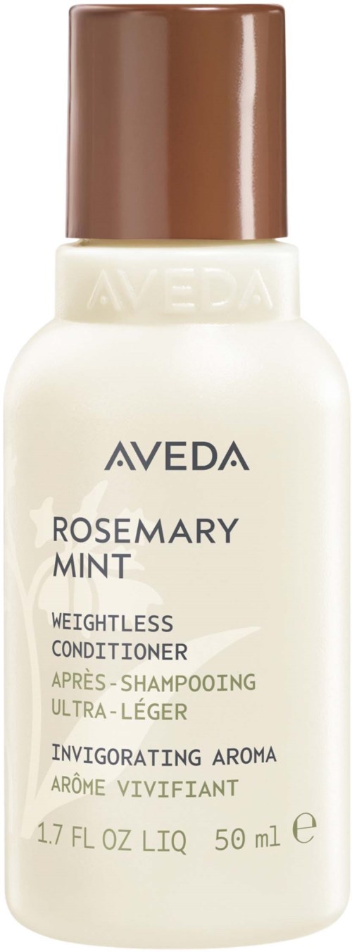 Eine weiße Flasche mit braunem Deckel, mit Aveda Rosemary Mint Conditioner. Text erwähnt leicht, erfrischend, aromatisch.