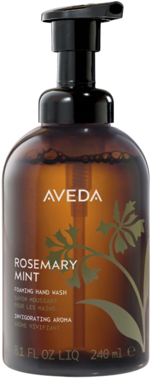 Lys amberfarget flaske med Aveda Rosemary Mint skummende håndsåpe med svart pumpe og grønt bladdesign.
