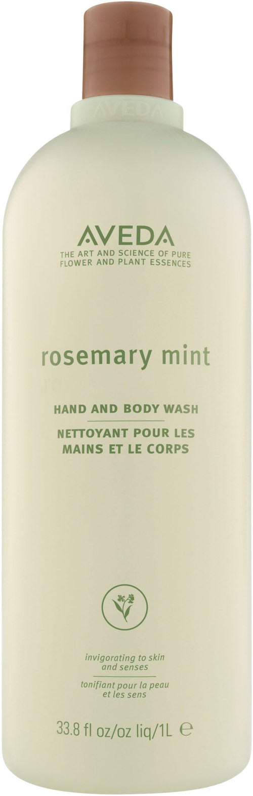 Eine Flasche Aveda Rosemary Mint Hand- und Body Wash mit beige-Deckel, weißem Etikett und grünem Text.