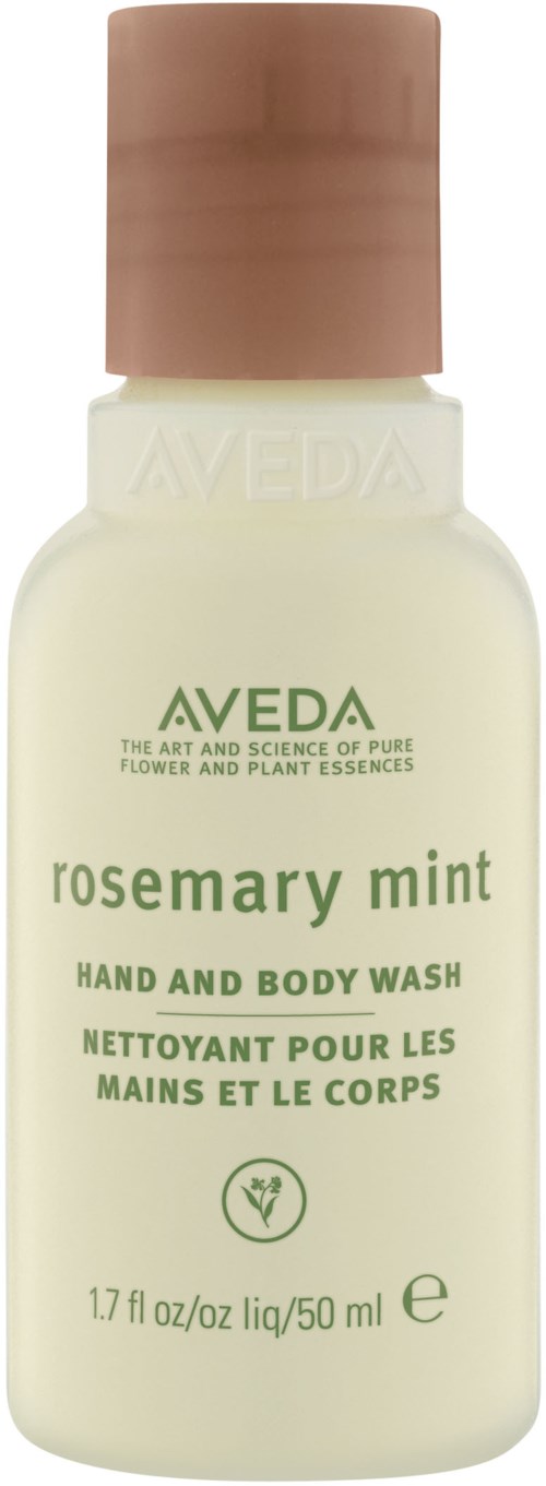 Liten vit flaska med rosa lock, märkt Aveda rosemary mint hand och body wash. Texten beskriver produkten.