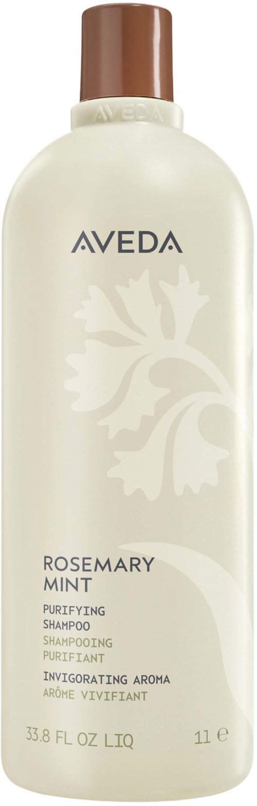 Eine Flasche Aveda Rosemary Mint Reinigungs-Shampoo mit braunem Deckel und weißer Flasche.