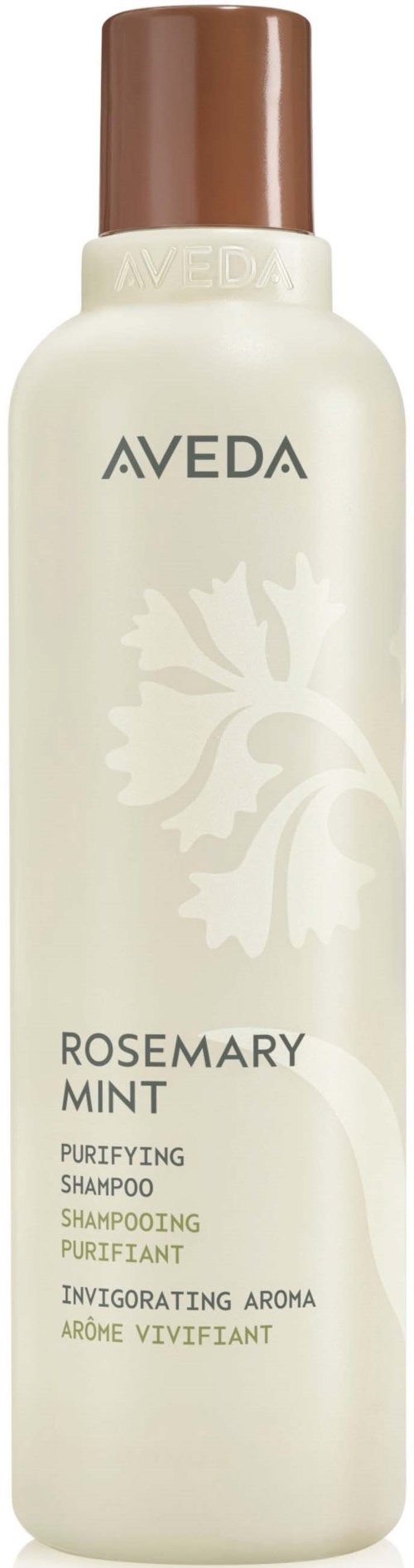 Weiße Flasche mit braunem Deckel, beschriftet Aveda Rosemary Mint Shampoo mit beruhigendem Duft.