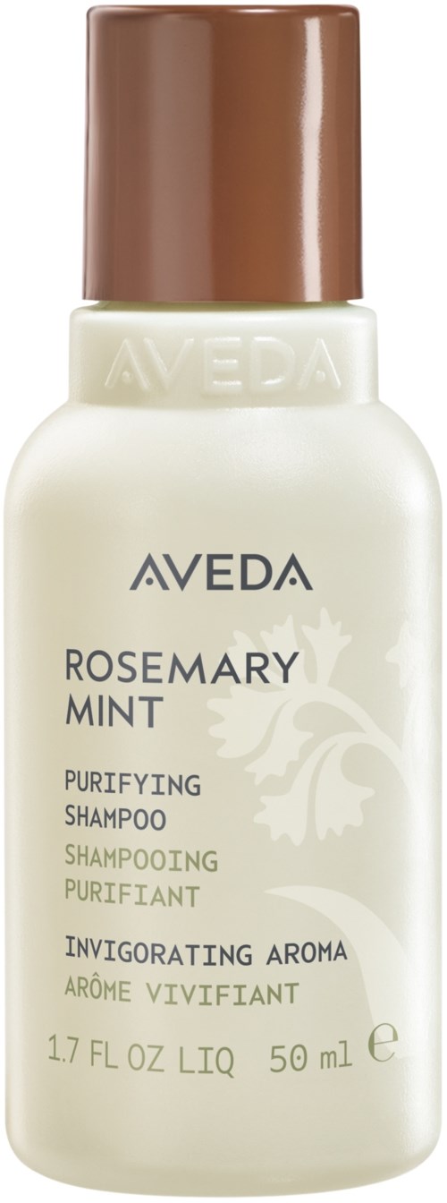 En liten flaska av Aveda Rosemary Mint Purifying Shampoo med en brun kork och kropp i ljus färg.