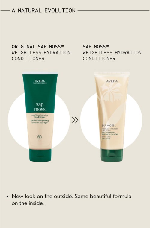 Two bottles of Aveda Sap Moss Weightless Hydration Conditioner, showing a new look on the outside but the same formula inside.