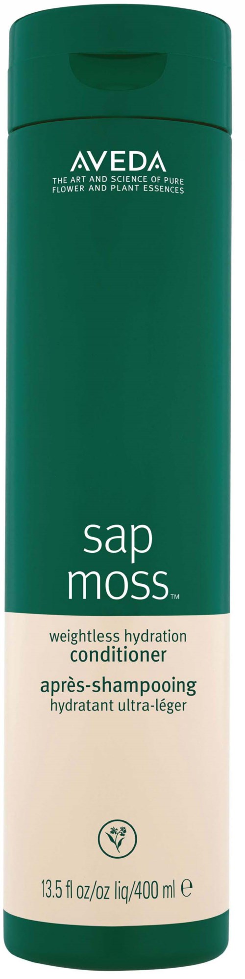 Aveda Sap Moss hoitoainepullo, vihreä ja valkoinen, suuri koko, merkitty kevyen kosteuden hoitoon.