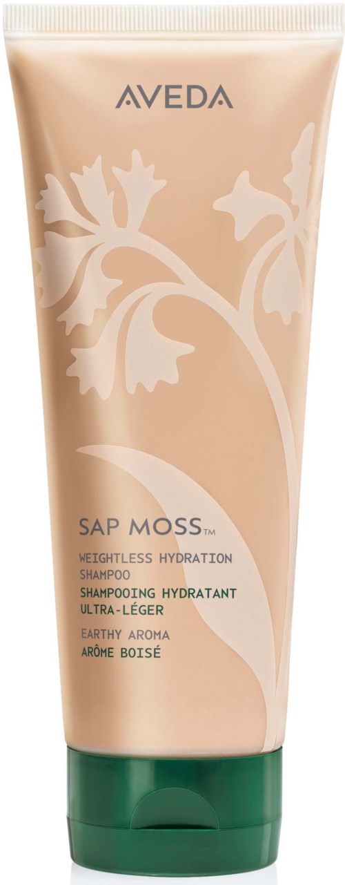 Aveda Sap Moss lightweight hydration shampoo in a beige tube with a green cap and floral design.