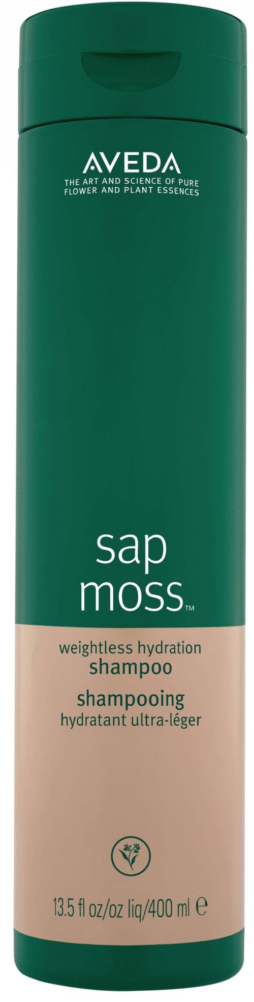 En grön och beige flaska av Aveda Sap Moss viktlös hydratiseringsschampo. Den är lång och cylindrisk.