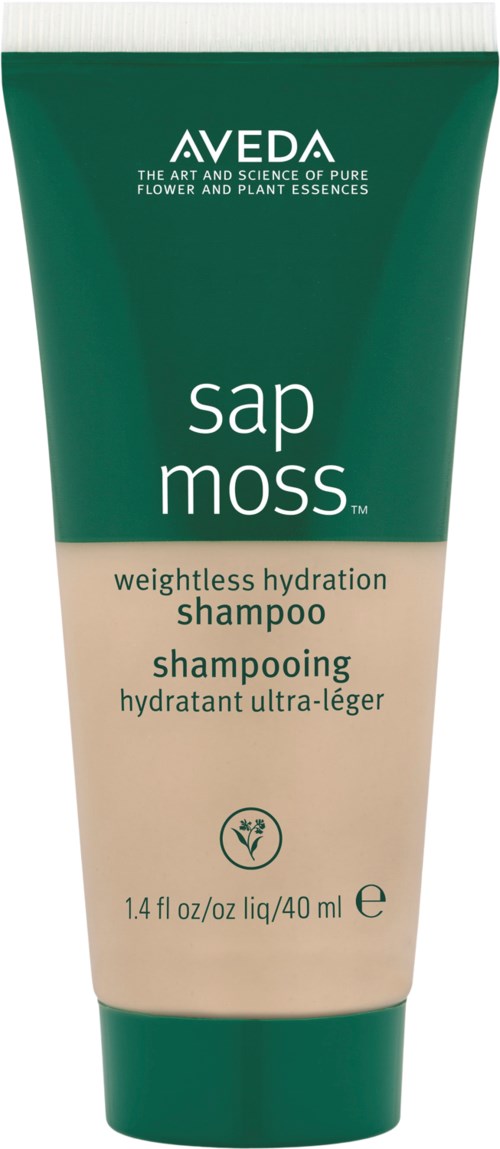 En grön och beige schampotub med texten 'Aveda' och 'sap moss' samt 'weightless hydration'.