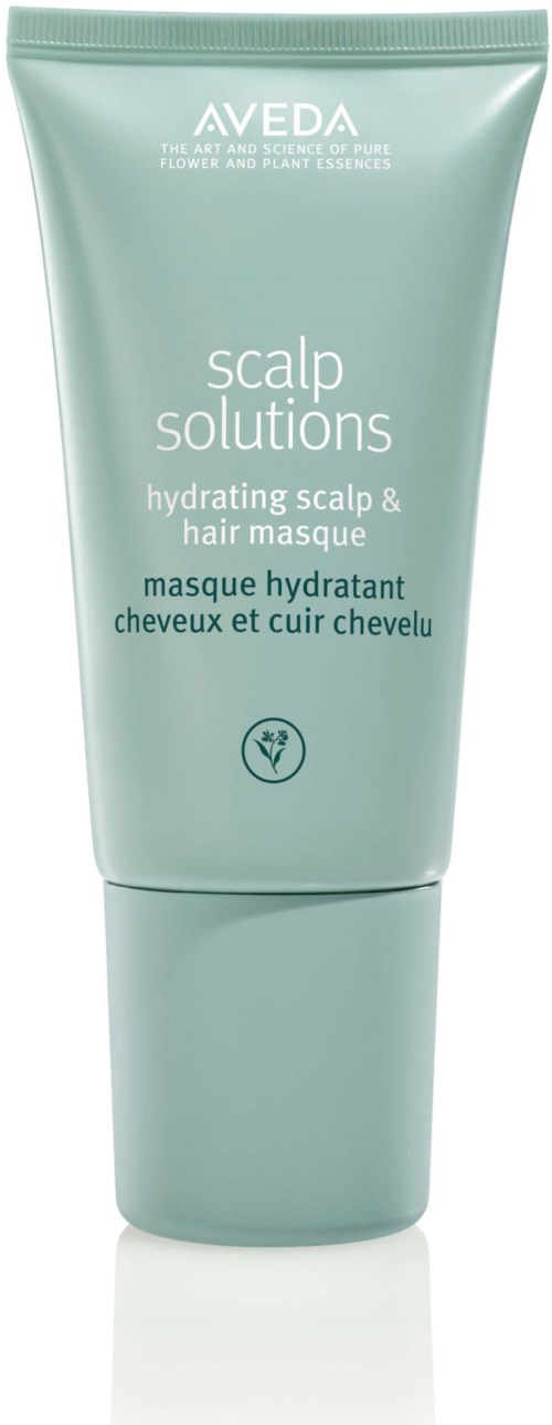 Eine hellgrüne Tube mit Aveda-Logo für feuchtigkeitsbindende Kopfhaut und Haar, mit Text und kleinem Symbol.