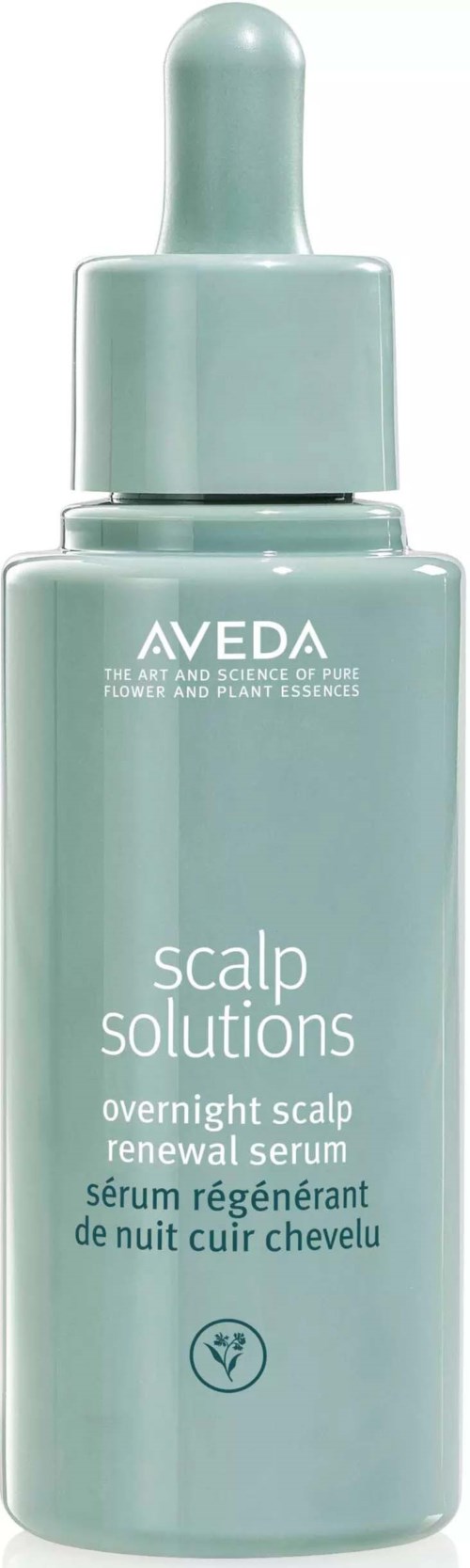 Aveda Kopfhaut-Lösung Flasche mit Pipette, hellgrüne Farbe, gekennzeichnet als nächtliches Kopfhaut-Erneuerungssserum.