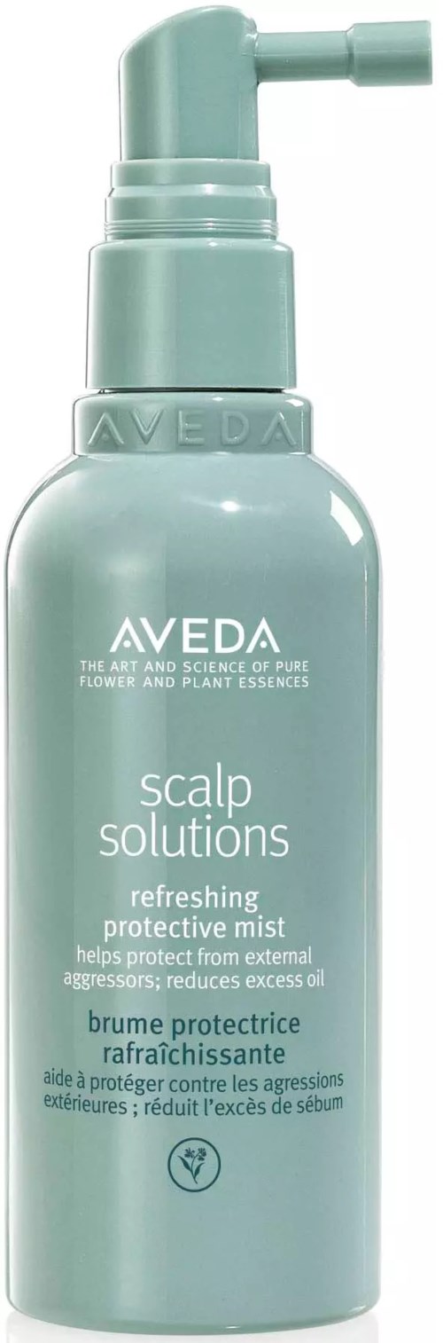 Eine hellgrüne Sprühflasche mit Aveda scalp solutions für erfrischung und Schutz der Haare vor äußeren Angriffen.