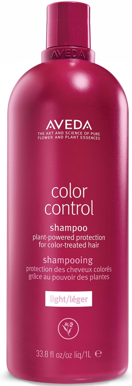 Eine rosa Shampoo-Flasche mit Aveda Color Control und Schutz für coloriertes Haar, hellere/leichtere Nuance, 33,8 fl oz.