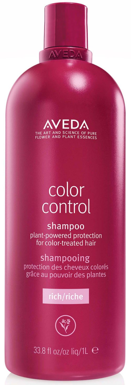 Eine lange pinkfarbene Flasche Aveda Color Control Shampoo für farbbehandeltes Haar mit Pflanzenschutz.