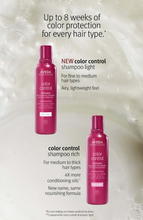Zwei pinke Flaschen Aveda Color Control Shampoo werden gezeigt, mit Text über Haarschutz und Pflegevorteile.