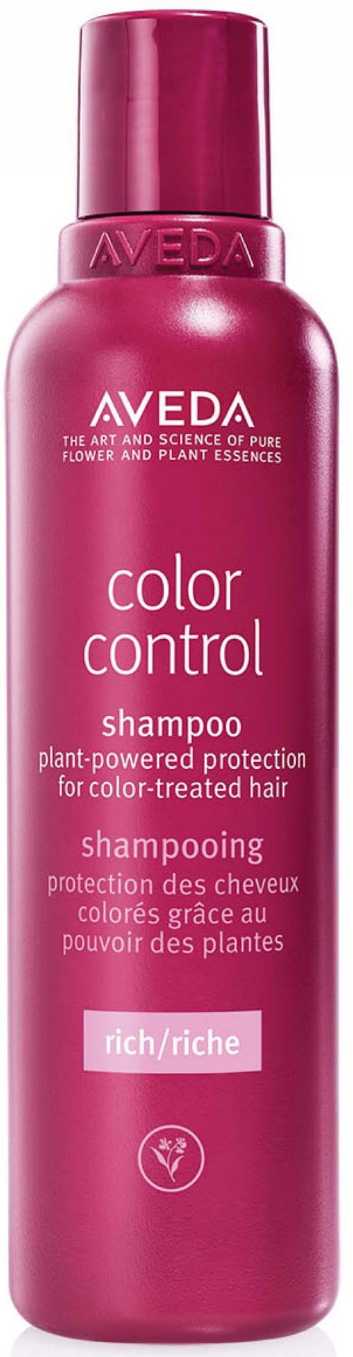 Pinke Shampooflasche mit weißen und pinken Text, beschriftet "Aveda Color Control Shampoo," für colorbehandeltes Haar.