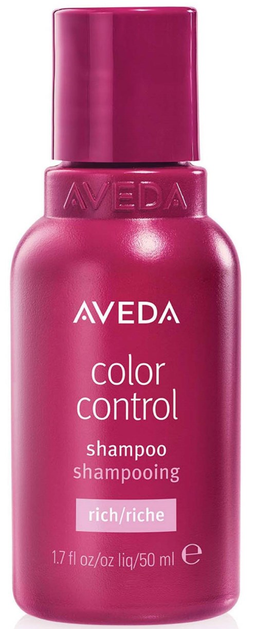 Pinkflasche mit Aveda color control Shampoo für volles Haar. Kleine Größe, mit Deckel.