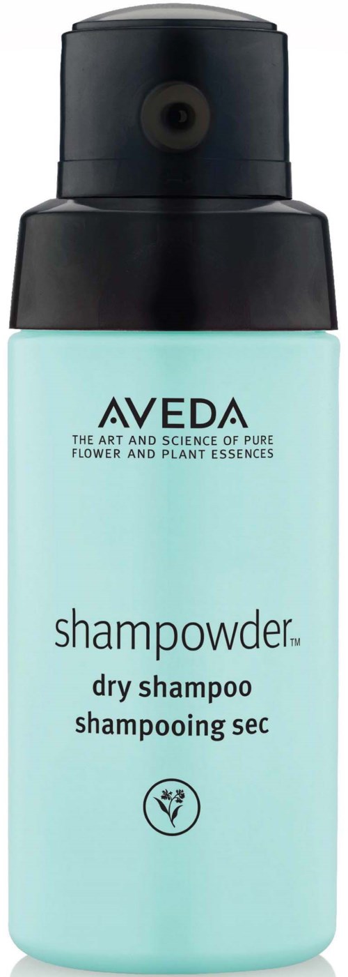 Light blue bottle of Aveda dry shampoo with spray nozzle, label shows brand and product details.