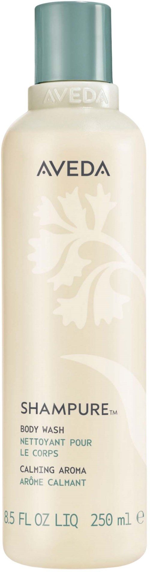 En flaske Aveda beroligende kroppsvask med lys blå lokk og hvit etikett med merkevarenavn og produktdetaljer.