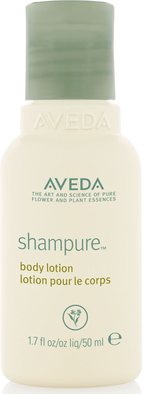 En vit flaska med grön kork märkta 'AVEDA' och 'shampure' kroppslotion. Liten text och logotyp på framsidan.