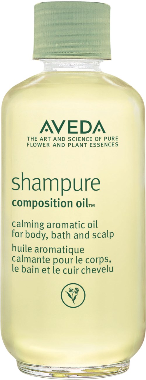 Eine klare Kunststoffflasche mit Aveda-Shampoo, hellgrüner Deckel, enthält blassgelbe Flüssigkeit, markiert für Kopfhaut und Körper.
