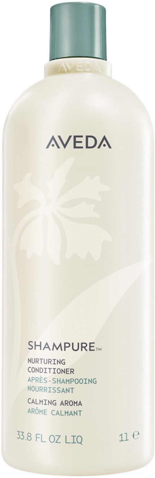 Eine weiße Flasche mit grünem Verschluss, Aveda nährende Spülung, beruhigendes Aroma, 33,8 Fl oz, für Haare.