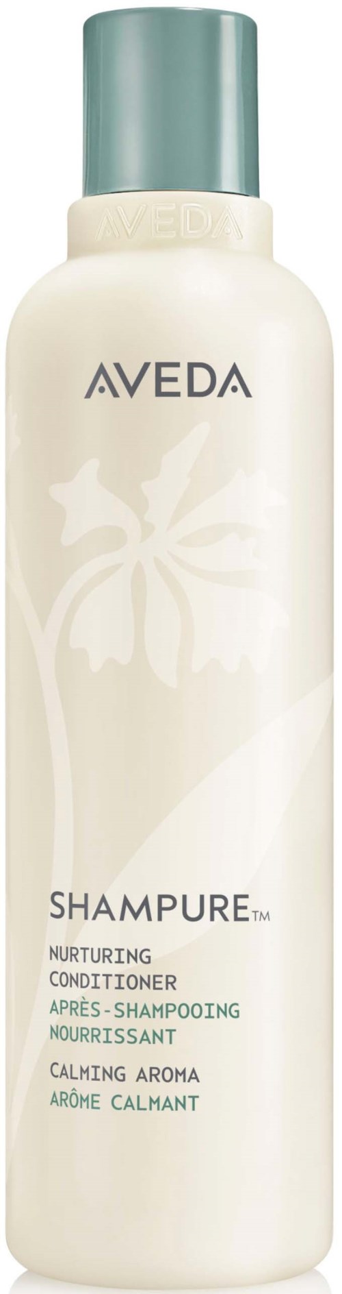 Eine weiße Flasche mit grünem Deckel beschriftet Aveda Shampoo, beschreibt es als nährend und beruhigend.